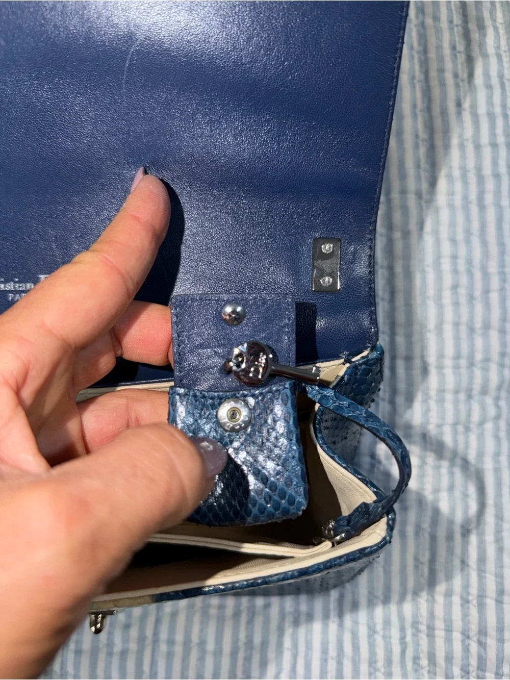 Cristian Dior Blue Teal Cream Python-Embossed Crossbody Bag